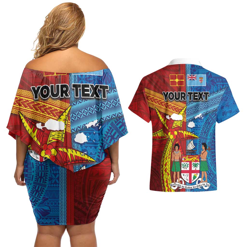 Personalised Fiji and Rotuma Together Couples Matching Off Shoulder Short Dress and Hawaiian Shirt Tapa and Pacific Art Pattern with Cultural Emblems Half Style LT03 - Polynesian Pride