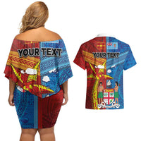 Personalised Fiji and Rotuma Together Couples Matching Off Shoulder Short Dress and Hawaiian Shirt Tapa and Pacific Art Pattern with Cultural Emblems Half Style LT03 - Polynesian Pride