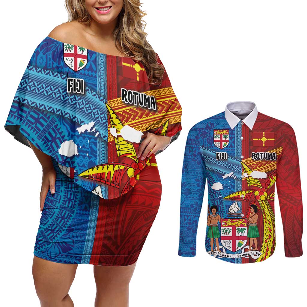 Personalised Fiji and Rotuma Together Couples Matching Off Shoulder Short Dress and Long Sleeve Button Shirt Tapa and Pacific Art Pattern with Cultural Emblems Half Style LT03 Red - Polynesian Pride