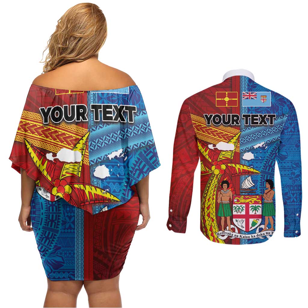 Personalised Fiji and Rotuma Together Couples Matching Off Shoulder Short Dress and Long Sleeve Button Shirt Tapa and Pacific Art Pattern with Cultural Emblems Half Style LT03 - Polynesian Pride