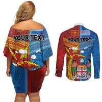 Personalised Fiji and Rotuma Together Couples Matching Off Shoulder Short Dress and Long Sleeve Button Shirt Tapa and Pacific Art Pattern with Cultural Emblems Half Style LT03 - Polynesian Pride