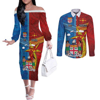 Personalised Fiji and Rotuma Together Couples Matching Off The Shoulder Long Sleeve Dress and Long Sleeve Button Shirt Tapa and Pacific Art Pattern with Cultural Emblems Half Style LT03 Red - Polynesian Pride