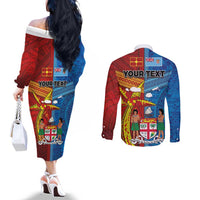 Personalised Fiji and Rotuma Together Couples Matching Off The Shoulder Long Sleeve Dress and Long Sleeve Button Shirt Tapa and Pacific Art Pattern with Cultural Emblems Half Style LT03 - Polynesian Pride