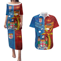Personalised Fiji and Rotuma Together Couples Matching Puletasi and Hawaiian Shirt Tapa and Pacific Art Pattern with Cultural Emblems Half Style LT03 Red - Polynesian Pride