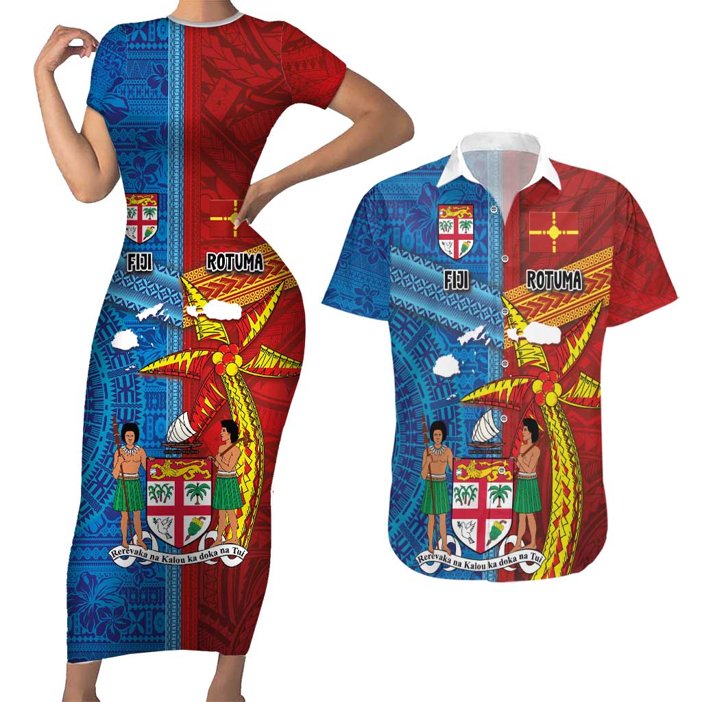 Personalised Fiji and Rotuma Together Couples Matching Short Sleeve Bodycon Dress and Hawaiian Shirt Tapa and Pacific Art Pattern with Cultural Emblems Half Style LT03 Red - Polynesian Pride