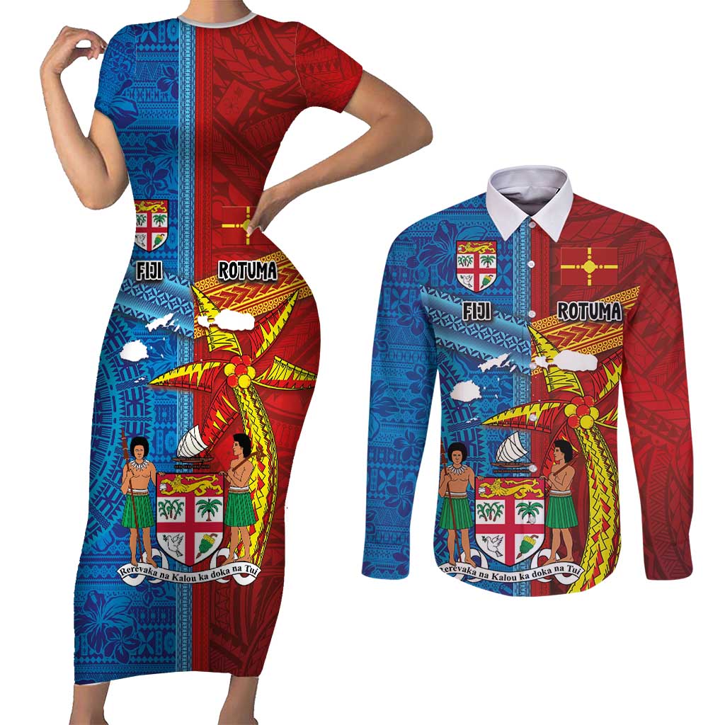 Personalised Fiji and Rotuma Together Couples Matching Short Sleeve Bodycon Dress and Long Sleeve Button Shirt Tapa and Pacific Art Pattern with Cultural Emblems Half Style LT03 Red - Polynesian Pride