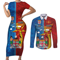 Personalised Fiji and Rotuma Together Couples Matching Short Sleeve Bodycon Dress and Long Sleeve Button Shirt Tapa and Pacific Art Pattern with Cultural Emblems Half Style LT03 Red - Polynesian Pride