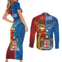 Personalised Fiji and Rotuma Together Couples Matching Short Sleeve Bodycon Dress and Long Sleeve Button Shirt Tapa and Pacific Art Pattern with Cultural Emblems Half Style LT03 - Polynesian Pride