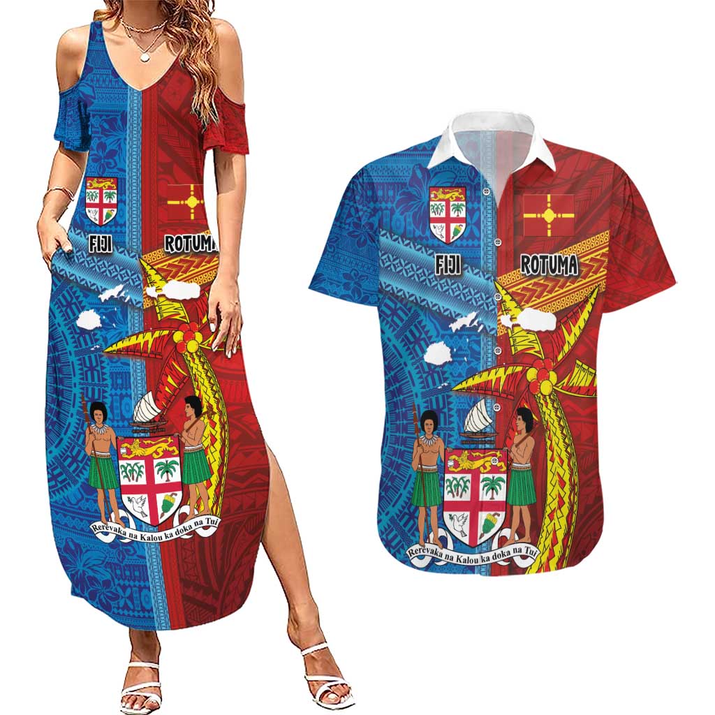 Personalised Fiji and Rotuma Together Couples Matching Summer Maxi Dress and Hawaiian Shirt Tapa and Pacific Art Pattern with Cultural Emblems Half Style LT03 Red - Polynesian Pride