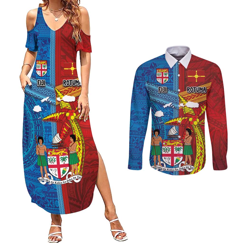 Personalised Fiji and Rotuma Together Couples Matching Summer Maxi Dress and Long Sleeve Button Shirt Tapa and Pacific Art Pattern with Cultural Emblems Half Style LT03 Red - Polynesian Pride