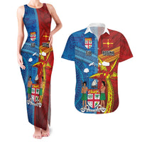 Personalised Fiji and Rotuma Together Couples Matching Tank Maxi Dress and Hawaiian Shirt Tapa and Pacific Art Pattern with Cultural Emblems Half Style LT03 Red - Polynesian Pride