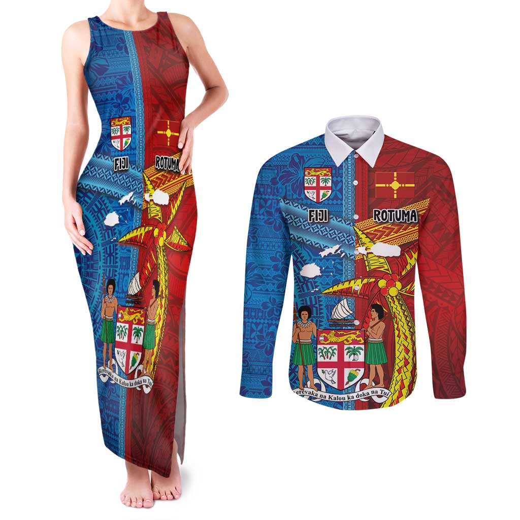 Personalised Fiji and Rotuma Together Couples Matching Tank Maxi Dress and Long Sleeve Button Shirt Tapa and Pacific Art Pattern with Cultural Emblems Half Style LT03 Red - Polynesian Pride