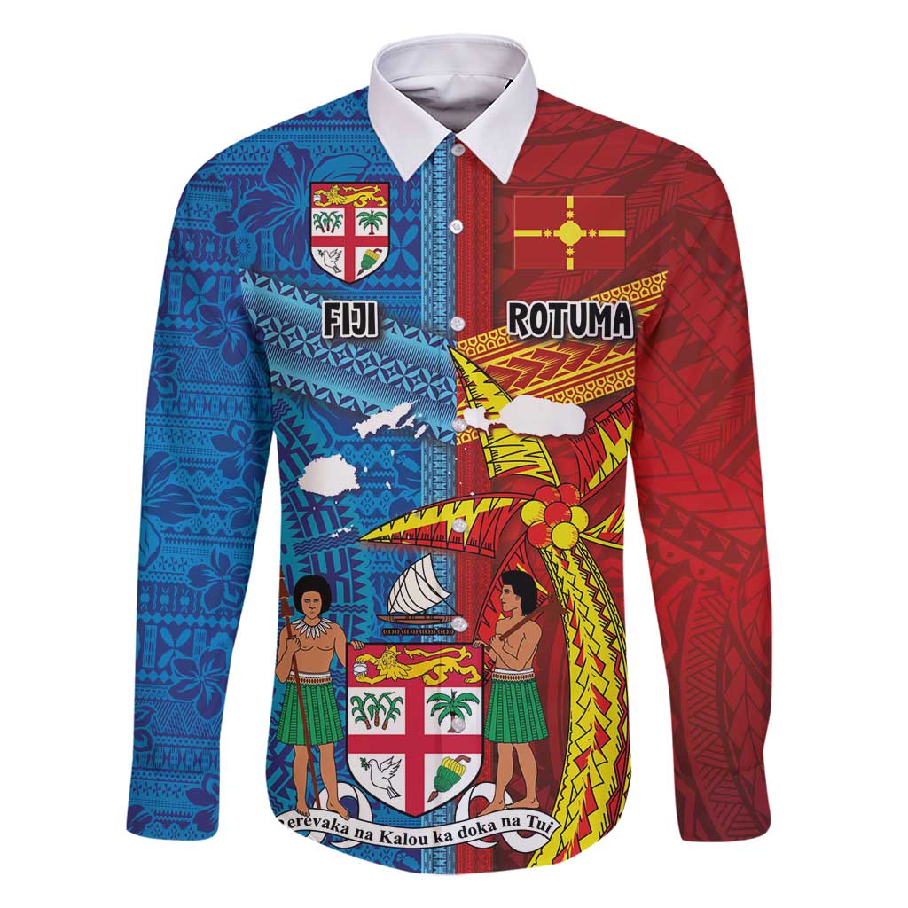 Personalised Fiji and Rotuma Together Family Matching Long Sleeve Bodycon Dress and Hawaiian Shirt Tapa and Pacific Art Pattern with Cultural Emblems Half Style LT03 Dad's Shirt - Long Sleeve Red - Polynesian Pride