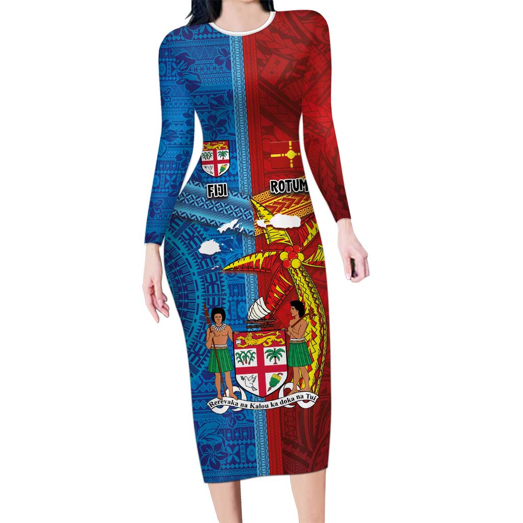 Personalised Fiji and Rotuma Together Family Matching Long Sleeve Bodycon Dress and Hawaiian Shirt Tapa and Pacific Art Pattern with Cultural Emblems Half Style LT03 Mom's Dress Red - Polynesian Pride