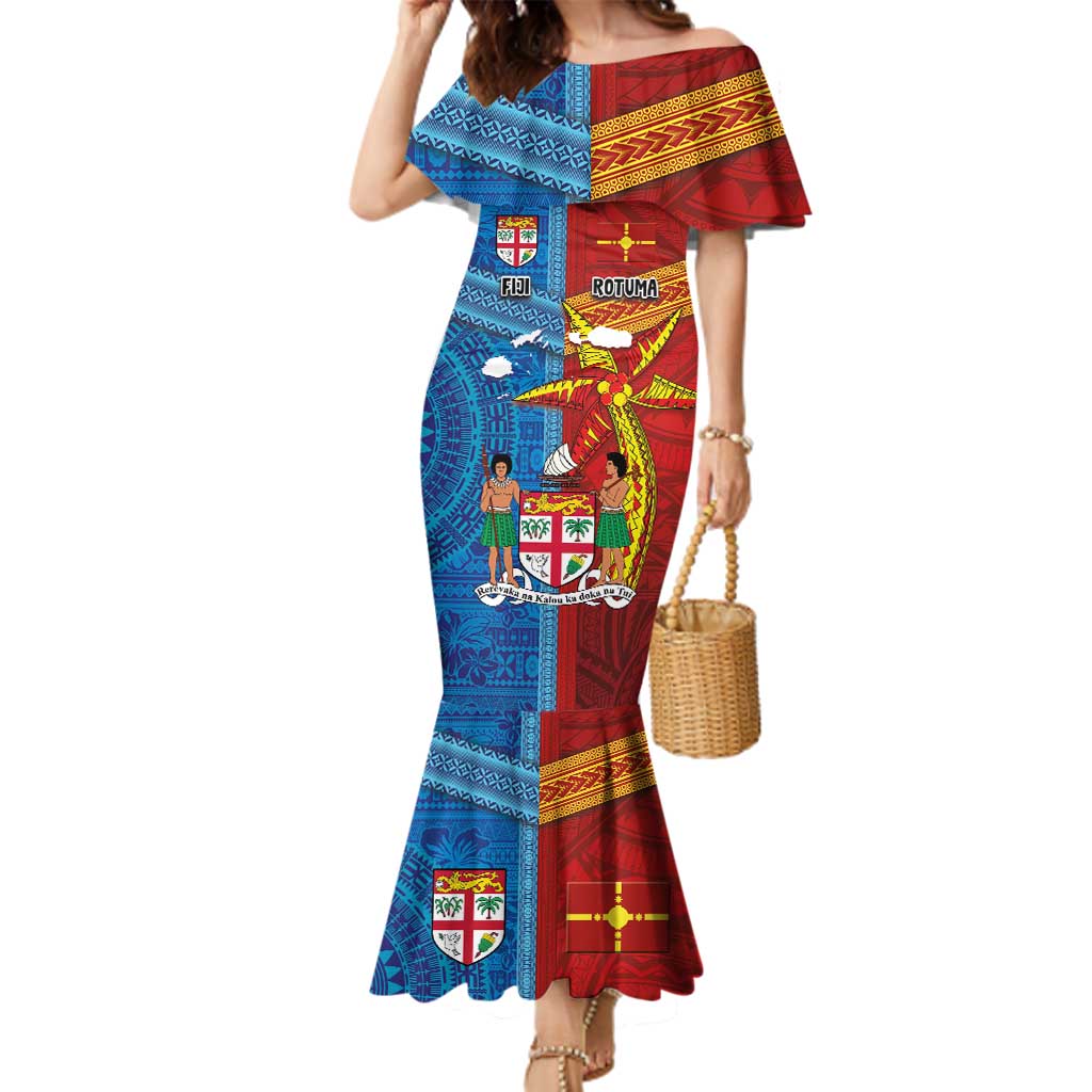 Personalised Fiji and Rotuma Together Family Matching Mermaid Dress and Hawaiian Shirt Tapa and Pacific Art Pattern with Cultural Emblems Half Style LT03 Mom's Dress Red - Polynesian Pride