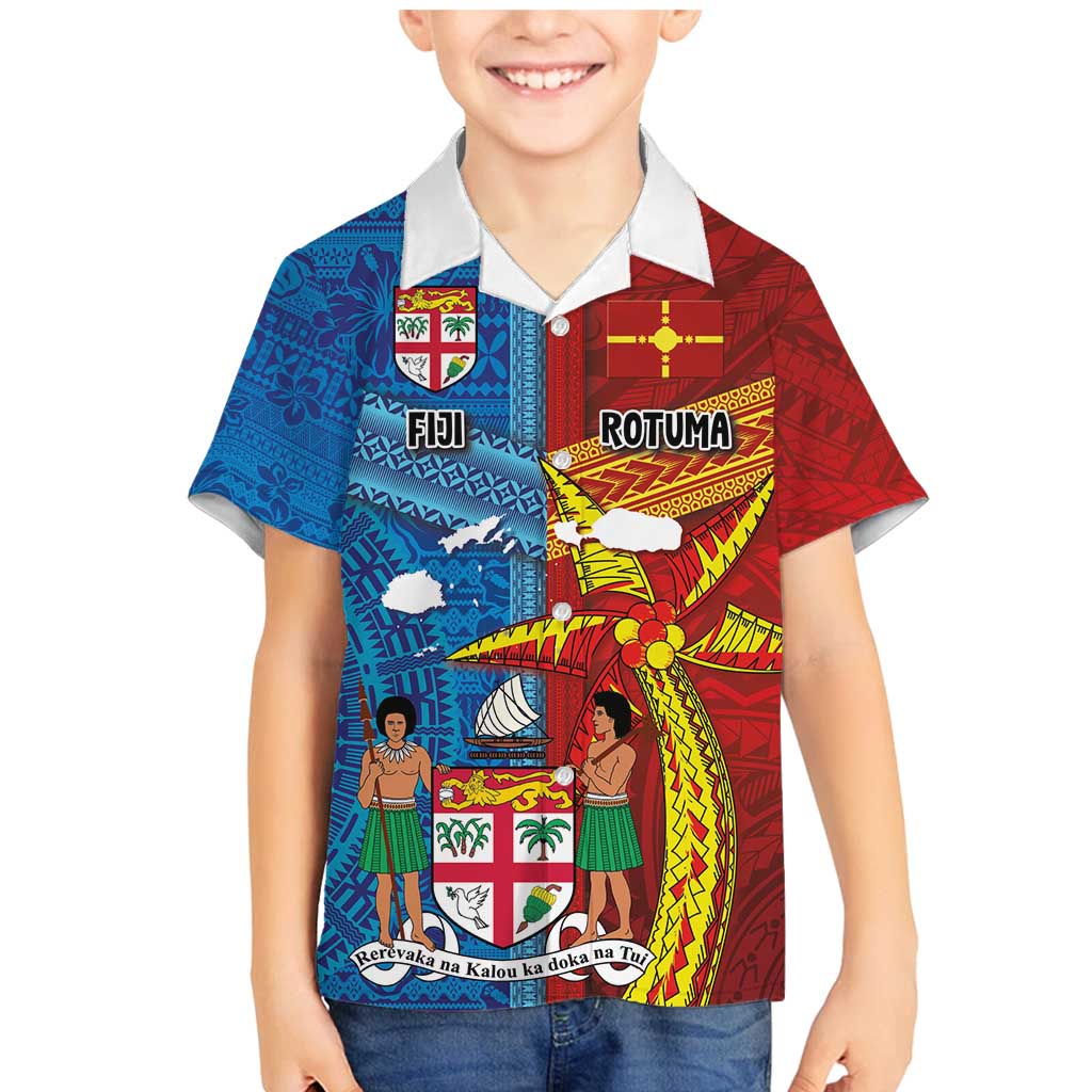 Personalised Fiji and Rotuma Together Family Matching Mermaid Dress and Hawaiian Shirt Tapa and Pacific Art Pattern with Cultural Emblems Half Style LT03 Son's Shirt Red - Polynesian Pride