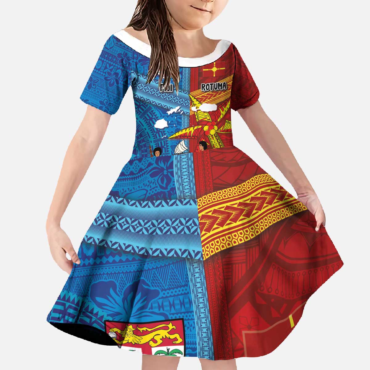 Personalised Fiji and Rotuma Together Family Matching Off The Shoulder Long Sleeve Dress and Hawaiian Shirt Tapa and Pacific Art Pattern with Cultural Emblems Half Style LT03 Daughter's Dress Red - Polynesian Pride
