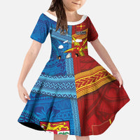 Personalised Fiji and Rotuma Together Family Matching Off The Shoulder Long Sleeve Dress and Hawaiian Shirt Tapa and Pacific Art Pattern with Cultural Emblems Half Style LT03 Daughter's Dress Red - Polynesian Pride