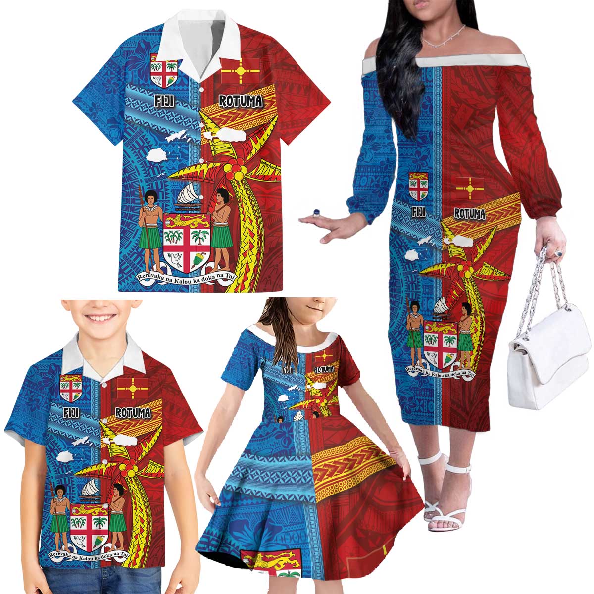 Personalised Fiji and Rotuma Together Family Matching Off The Shoulder Long Sleeve Dress and Hawaiian Shirt Tapa and Pacific Art Pattern with Cultural Emblems Half Style LT03 - Polynesian Pride