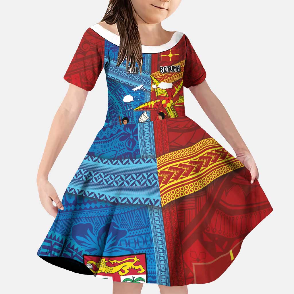 Personalised Fiji and Rotuma Together Family Matching Off Shoulder Maxi Dress and Hawaiian Shirt Tapa and Pacific Art Pattern with Cultural Emblems Half Style LT03 Daughter's Dress Red - Polynesian Pride