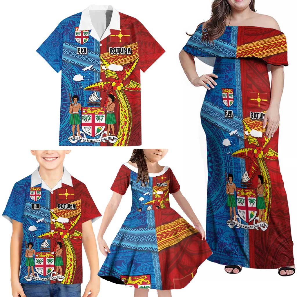 Personalised Fiji and Rotuma Together Family Matching Off Shoulder Maxi Dress and Hawaiian Shirt Tapa and Pacific Art Pattern with Cultural Emblems Half Style LT03 - Polynesian Pride
