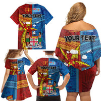 Personalised Fiji and Rotuma Together Family Matching Off Shoulder Short Dress and Hawaiian Shirt Tapa and Pacific Art Pattern with Cultural Emblems Half Style LT03 - Polynesian Pride