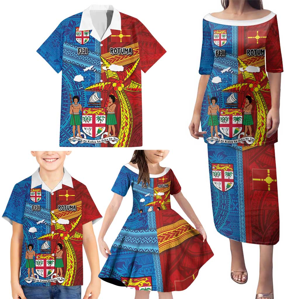 Personalised Fiji and Rotuma Together Family Matching Puletasi and Hawaiian Shirt Tapa and Pacific Art Pattern with Cultural Emblems Half Style LT03 - Polynesian Pride