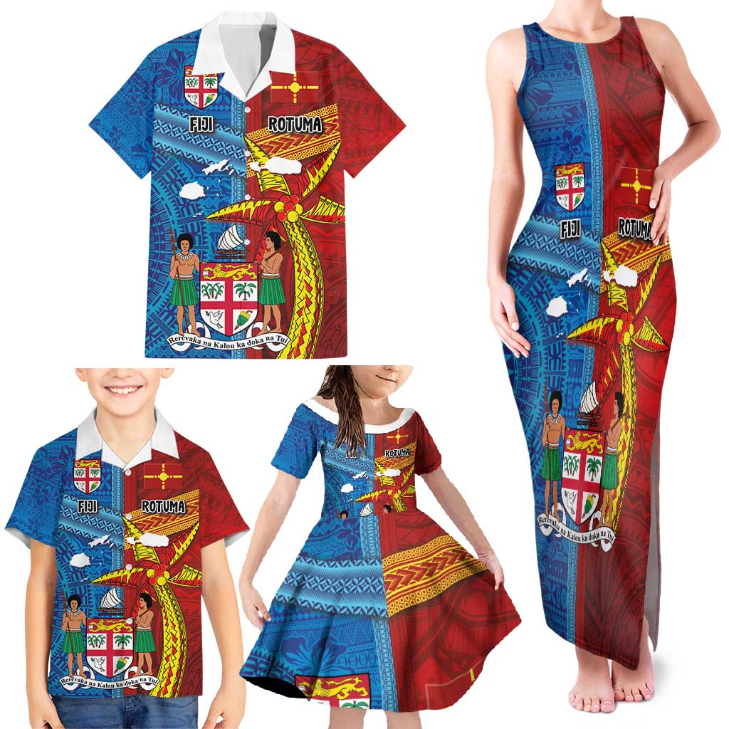 Personalised Fiji and Rotuma Together Family Matching Tank Maxi Dress and Hawaiian Shirt Tapa and Pacific Art Pattern with Cultural Emblems Half Style LT03 - Polynesian Pride