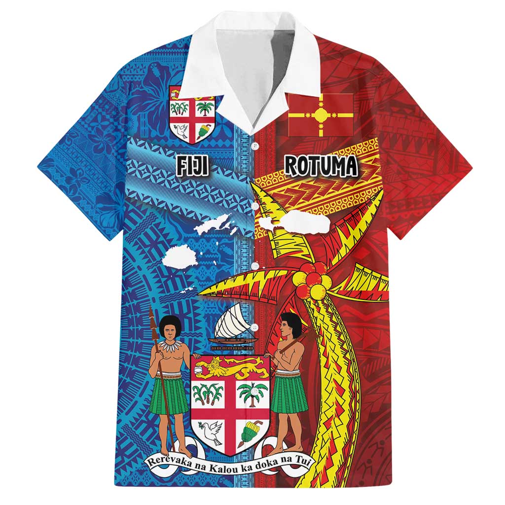 Personalised Fiji and Rotuma Together Family Matching Tank Maxi Dress and Hawaiian Shirt Tapa and Pacific Art Pattern with Cultural Emblems Half Style LT03 Dad's Shirt - Short Sleeve Red - Polynesian Pride