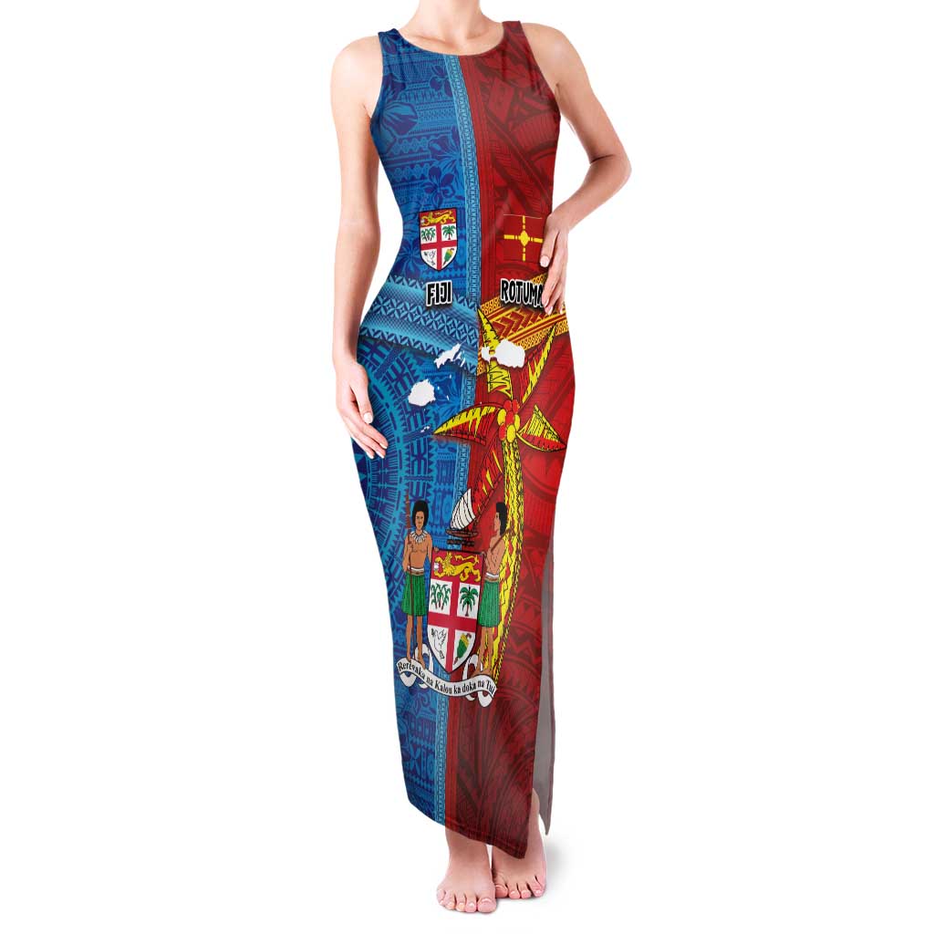 Personalised Fiji and Rotuma Together Family Matching Tank Maxi Dress and Hawaiian Shirt Tapa and Pacific Art Pattern with Cultural Emblems Half Style LT03 Mom's Dress Red - Polynesian Pride