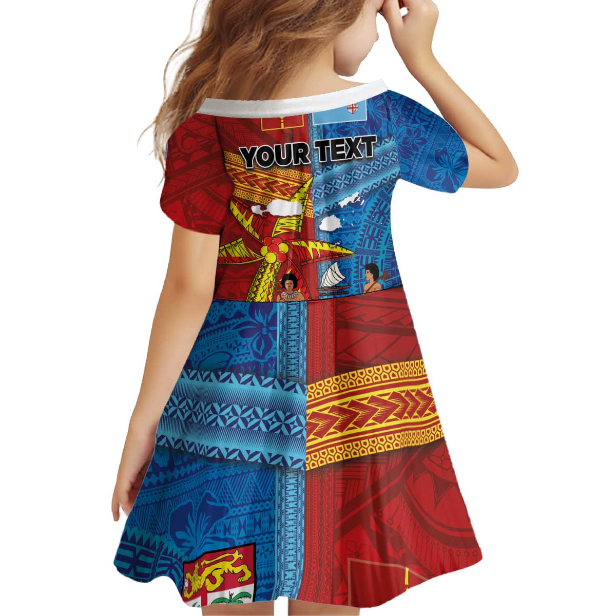 Personalised Fiji and Rotuma Together Kid Short Sleeve Dress Tapa and Pacific Art Pattern with Cultural Emblems Half Style