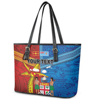 Personalised Fiji and Rotuma Together Leather Tote Bag Tapa and Pacific Art Pattern with Cultural Emblems Half Style