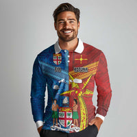 Personalised Fiji and Rotuma Together Long Sleeve Polo Shirt Tapa and Pacific Art Pattern with Cultural Emblems Half Style