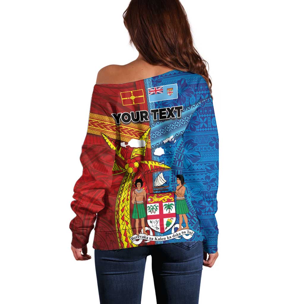 Personalised Fiji and Rotuma Together Off Shoulder Sweater Tapa and Pacific Art Pattern with Cultural Emblems Half Style