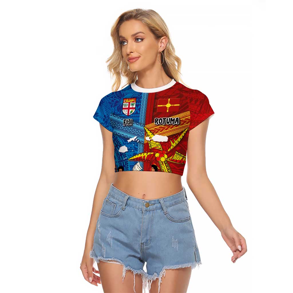 Personalised Fiji and Rotuma Together Raglan Cropped T Shirt Tapa and Pacific Art Pattern with Cultural Emblems Half Style