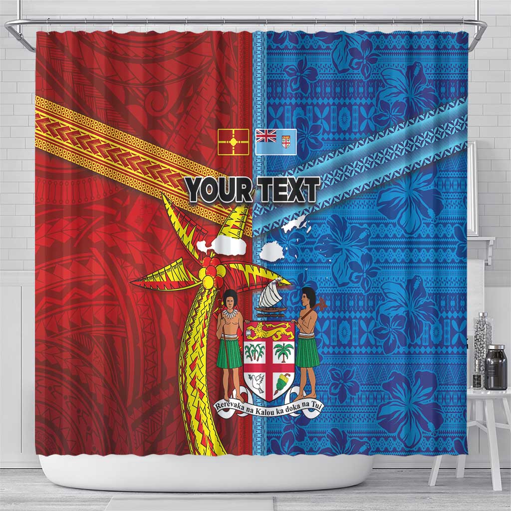 Personalised Fiji and Rotuma Together Shower Curtain Tapa and Pacific Art Pattern with Cultural Emblems Half Style
