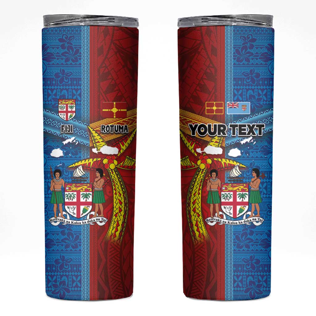 Personalised Fiji and Rotuma Together Skinny Tumbler Tapa and Pacific Art Pattern with Cultural Emblems Half Style LT03 Red - Polynesian Pride