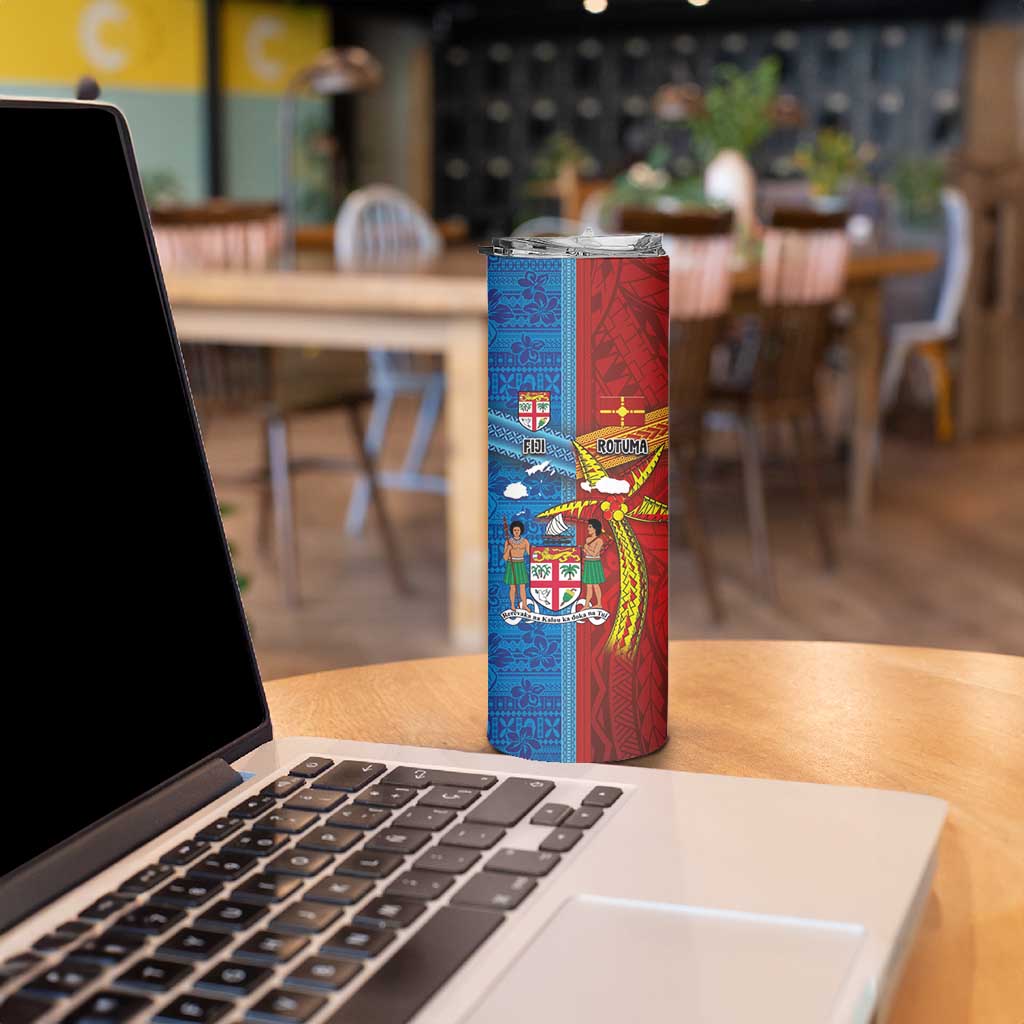 Personalised Fiji and Rotuma Together Skinny Tumbler Tapa and Pacific Art Pattern with Cultural Emblems Half Style LT03 - Polynesian Pride