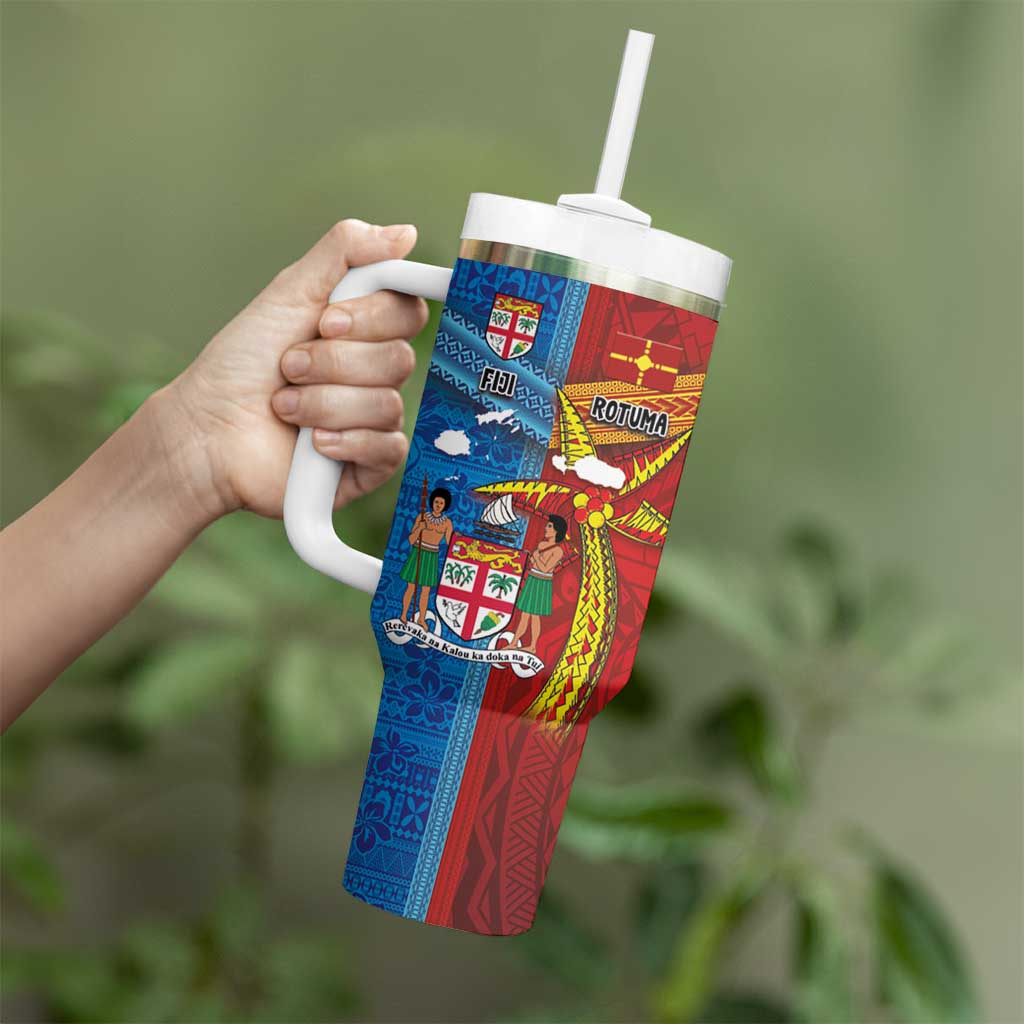 Personalised Fiji and Rotuma Together Tumbler With Handle Tapa and Pacific Art Pattern with Cultural Emblems Half Style