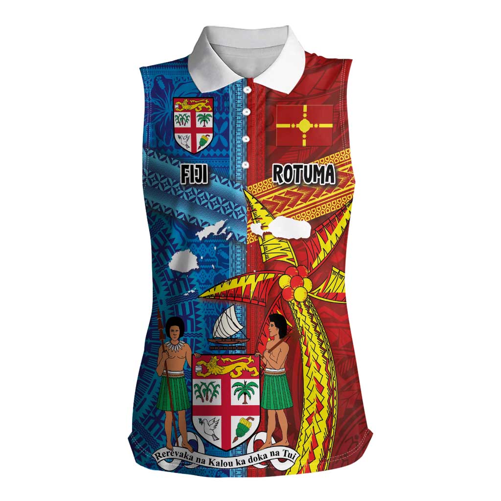 Personalised Fiji and Rotuma Together Women Sleeveless Polo Shirt Tapa and Pacific Art Pattern with Cultural Emblems Half Style LT03 Female Red - Polynesian Pride