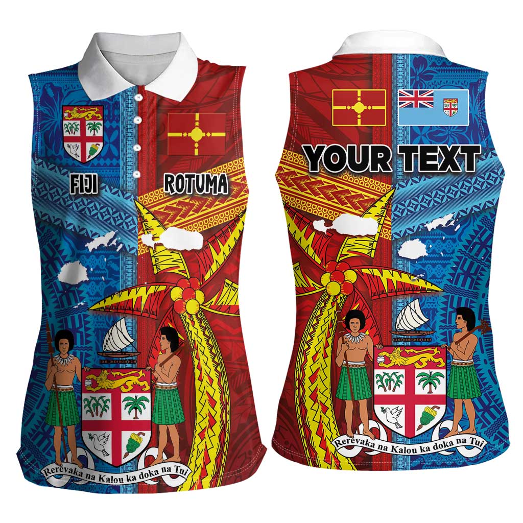 Personalised Fiji and Rotuma Together Women Sleeveless Polo Shirt Tapa and Pacific Art Pattern with Cultural Emblems Half Style LT03 - Polynesian Pride