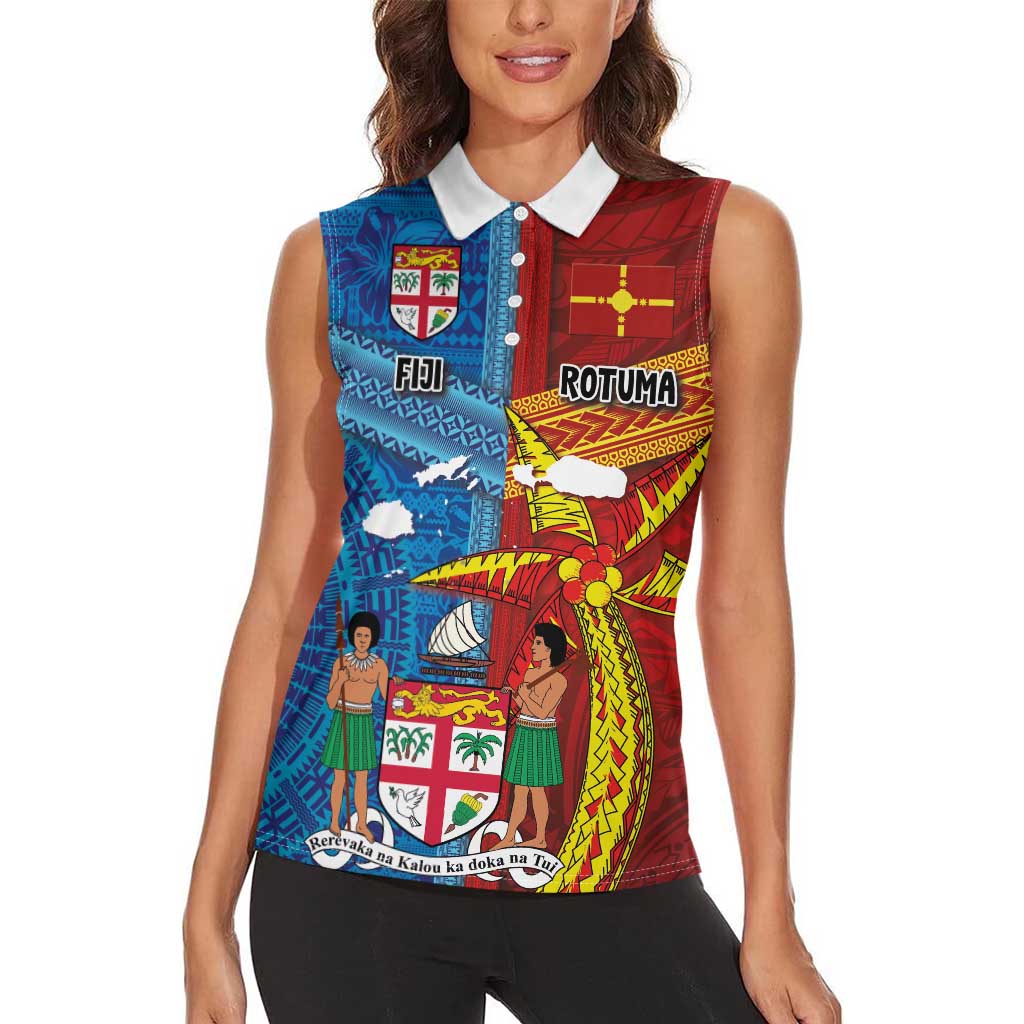 Personalised Fiji and Rotuma Together Women Sleeveless Polo Shirt Tapa and Pacific Art Pattern with Cultural Emblems Half Style LT03 - Polynesian Pride