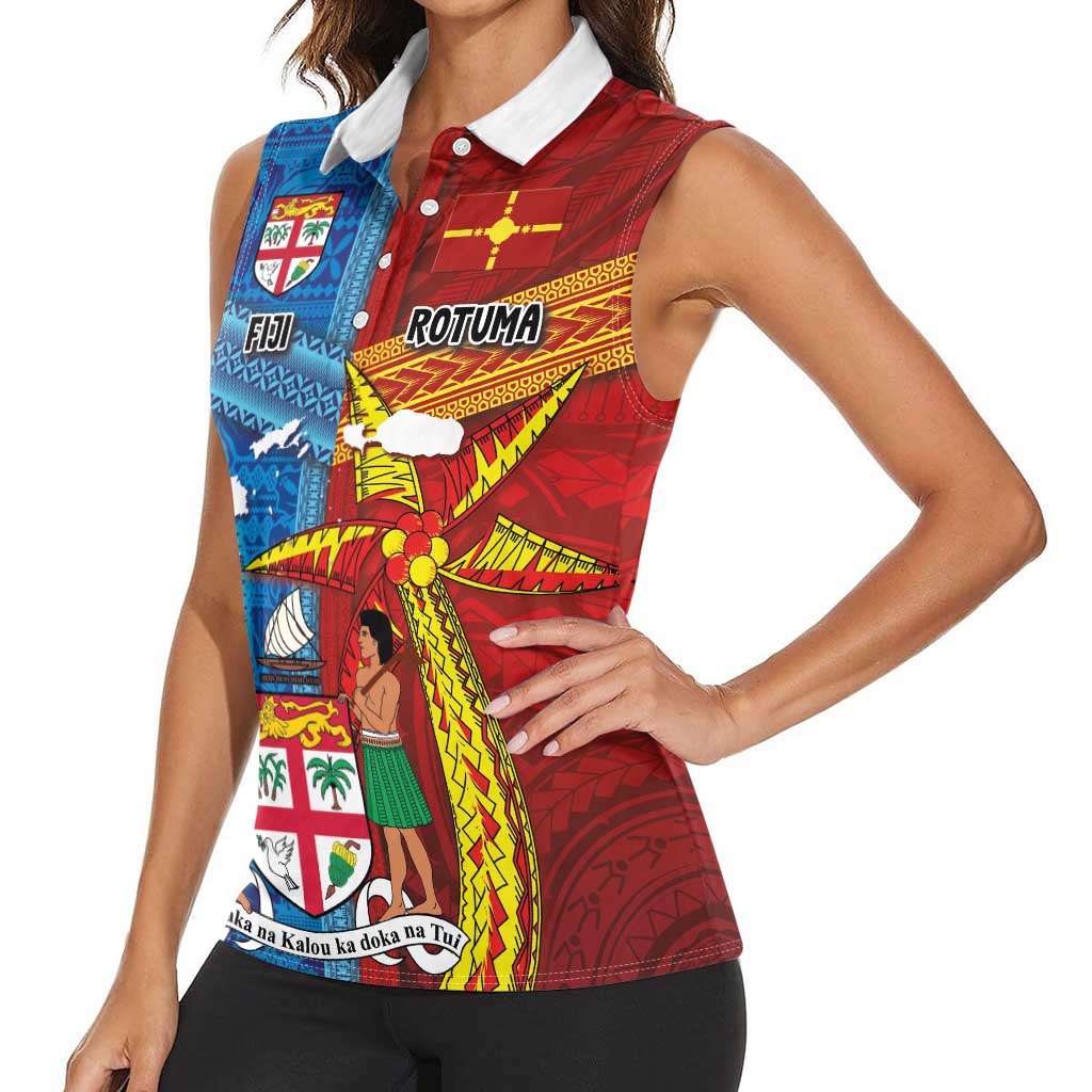 Personalised Fiji and Rotuma Together Women Sleeveless Polo Shirt Tapa and Pacific Art Pattern with Cultural Emblems Half Style LT03 - Polynesian Pride