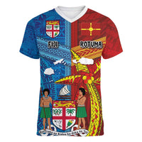Personalised Fiji and Rotuma Together Women V-Neck T-Shirt Tapa and Pacific Art Pattern with Cultural Emblems Half Style LT03 Female Red - Polynesian Pride