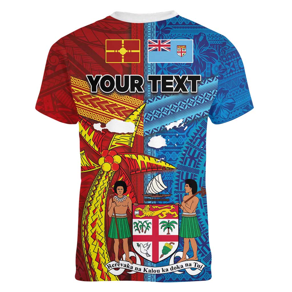 Personalised Fiji and Rotuma Together Women V-Neck T-Shirt Tapa and Pacific Art Pattern with Cultural Emblems Half Style LT03 - Polynesian Pride