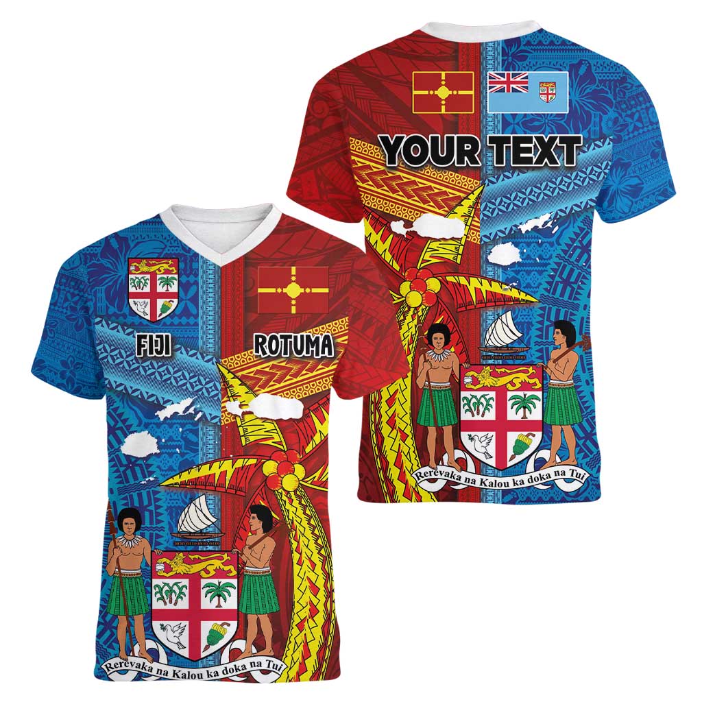 Personalised Fiji and Rotuma Together Women V-Neck T-Shirt Tapa and Pacific Art Pattern with Cultural Emblems Half Style LT03 - Polynesian Pride