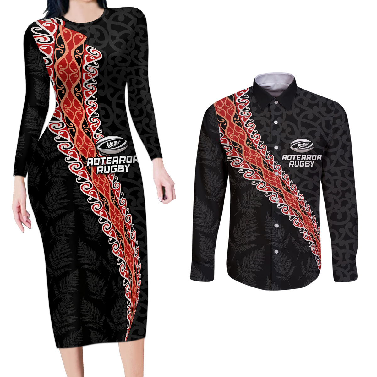 Custom New Zealand Rugby Couples Matching Long Sleeve Bodycon Dress and Long Sleeve Button Shirt Maori and Silver Fern Half Style LT03 Black - Polynesian Pride