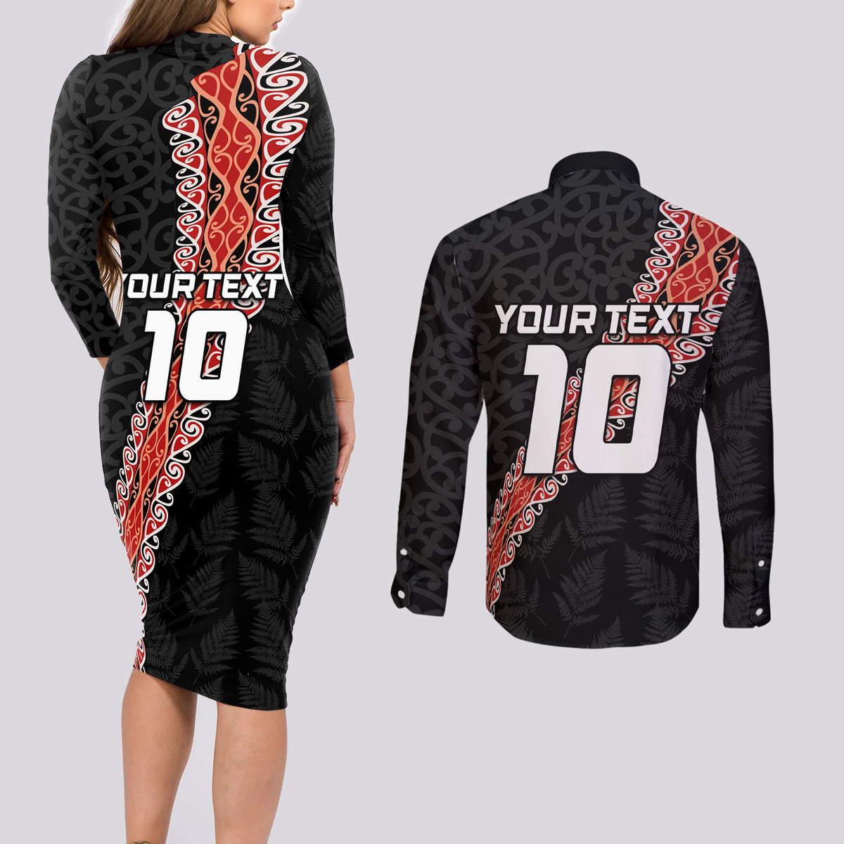 Custom New Zealand Rugby Couples Matching Long Sleeve Bodycon Dress and Long Sleeve Button Shirt Maori and Silver Fern Half Style LT03 - Polynesian Pride