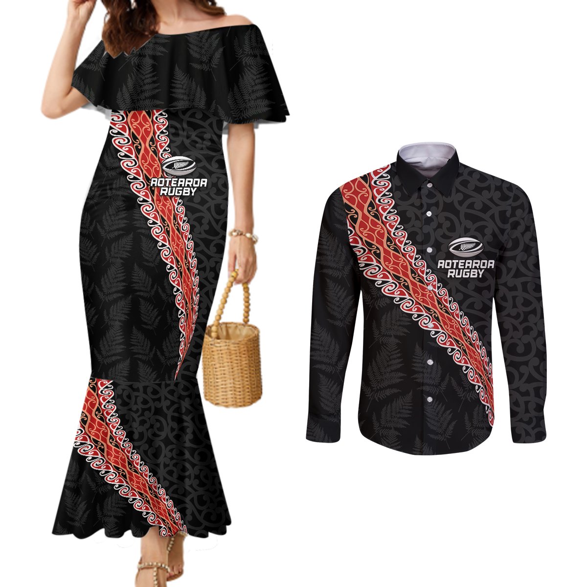Custom New Zealand Rugby Couples Matching Mermaid Dress and Long Sleeve Button Shirt Maori and Silver Fern Half Style LT03 Black - Polynesian Pride