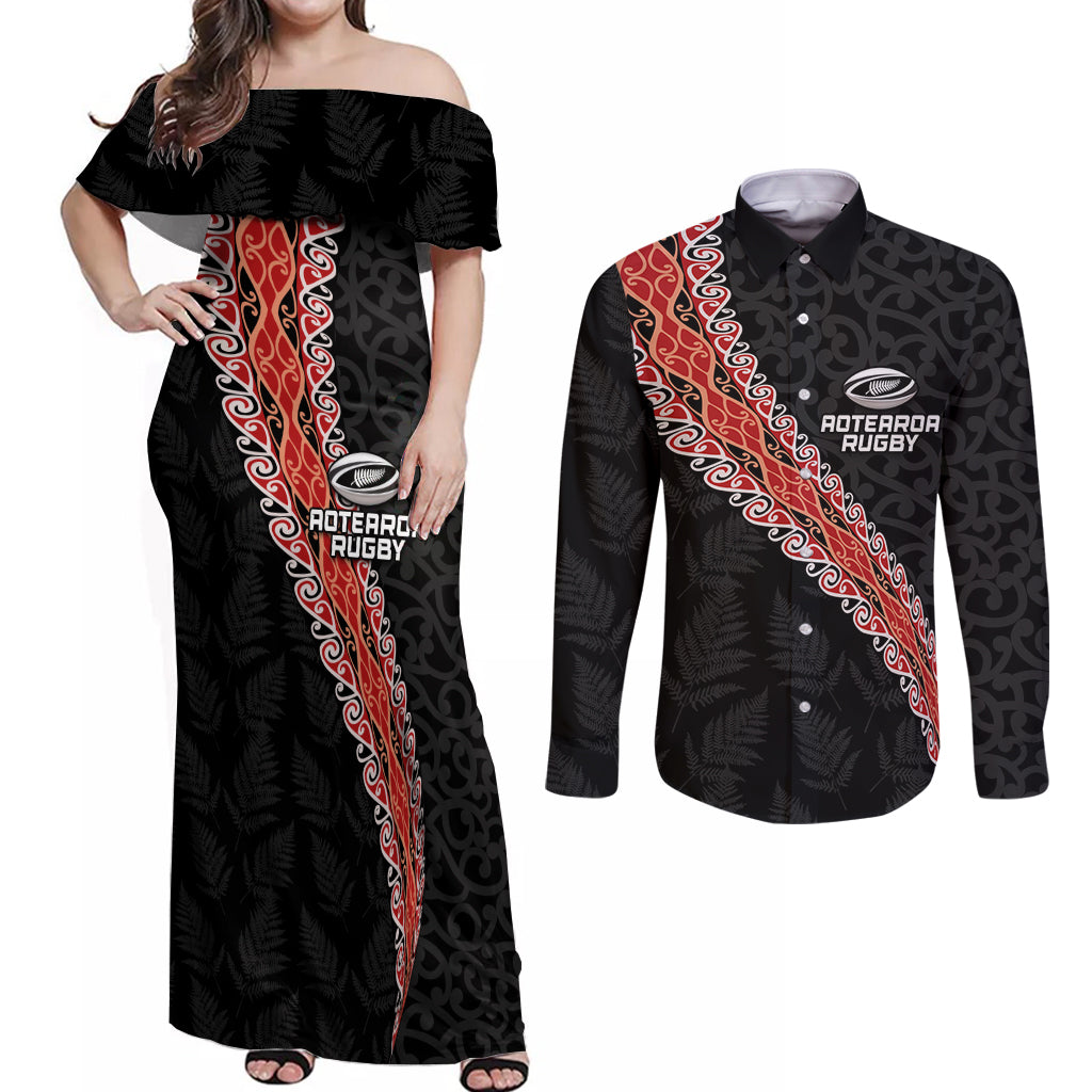 Custom New Zealand Rugby Couples Matching Off Shoulder Maxi Dress and Long Sleeve Button Shirt Maori and Silver Fern Half Style LT03 Black - Polynesian Pride